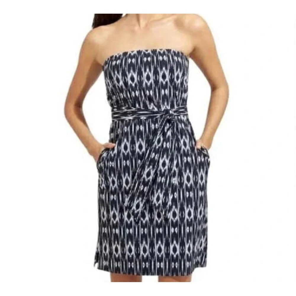 Athleta Ikat Strapless Summer Dress Navy‎ White Built-in Bra Pockets Size 4 EUC